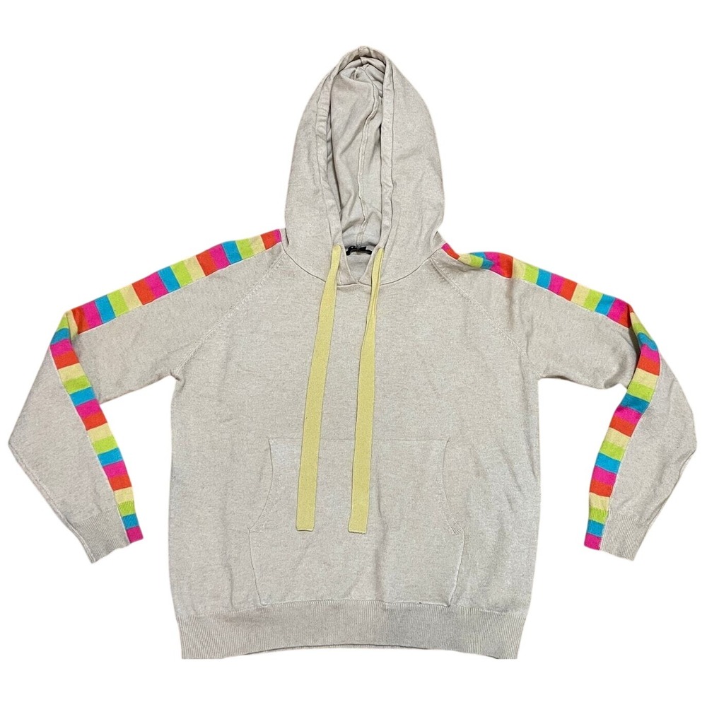 Fate Women's Small Oatmeal Beige Rainbow‎ Stripe Sleeve Cozy Knit Hoodie Sweater